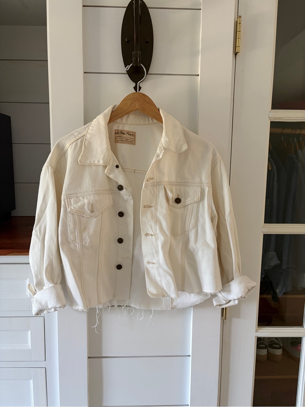 Free People “We The Free” Off-White Distressed Cropped Denim Jacket